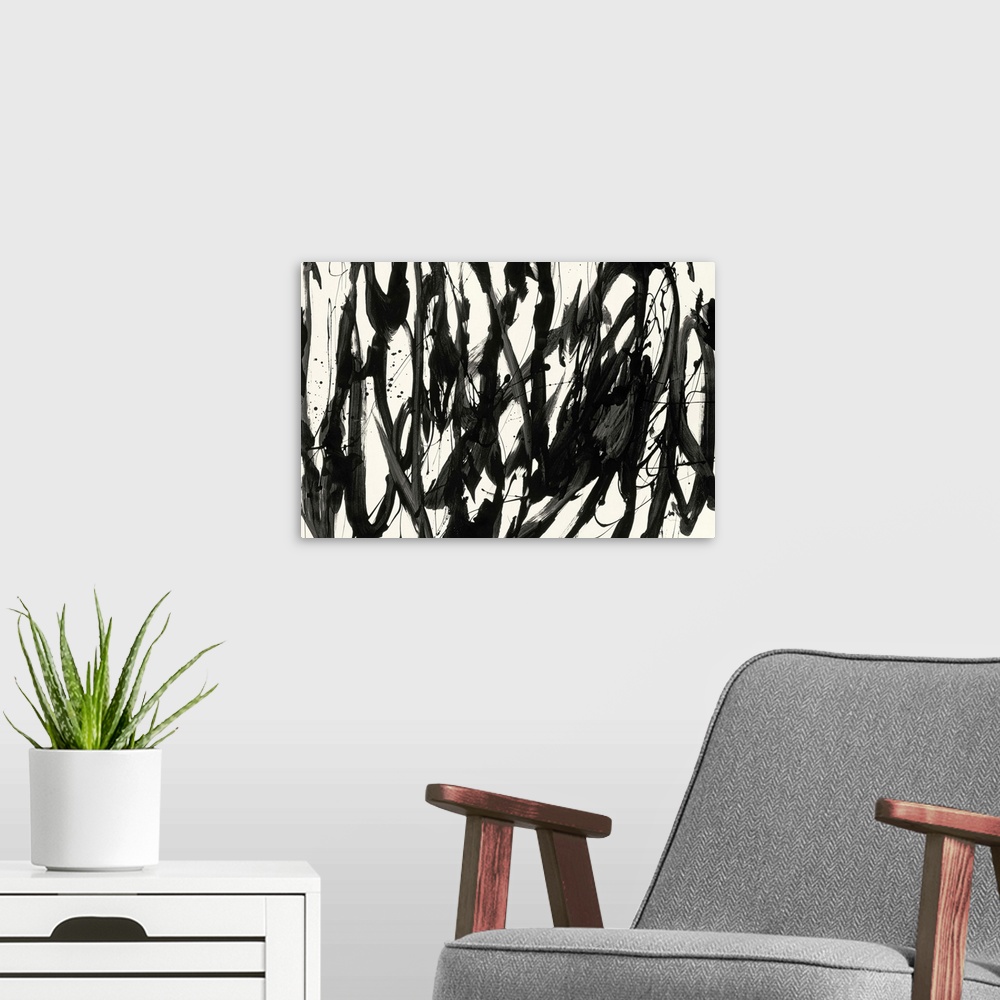 A modern room featuring A contemporary abstract painting using bold black lines against a cream background.