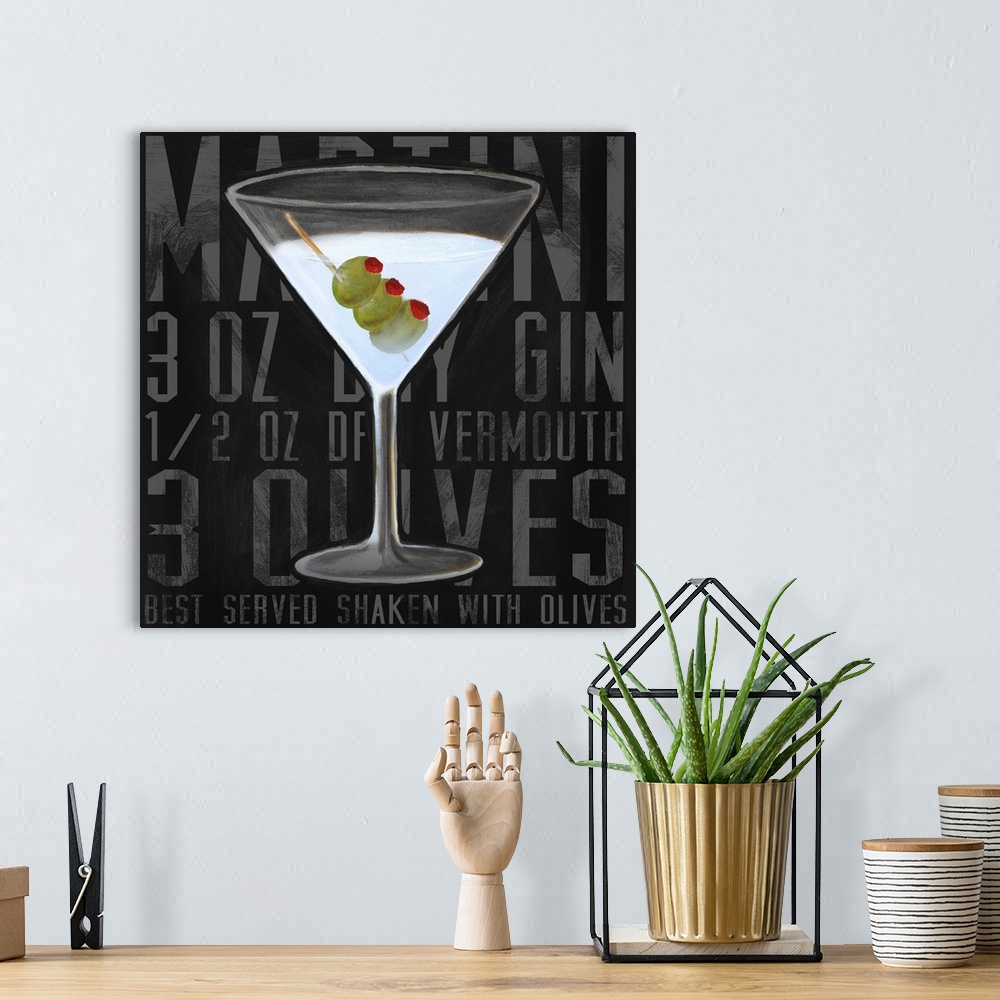 A bohemian room featuring Contemporary artwork of a cocktail against a background of the recipe to make the drink.