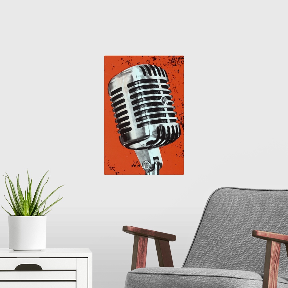 A modern room featuring Contemporary pop art style artwork of a microphone against a dark orange background.