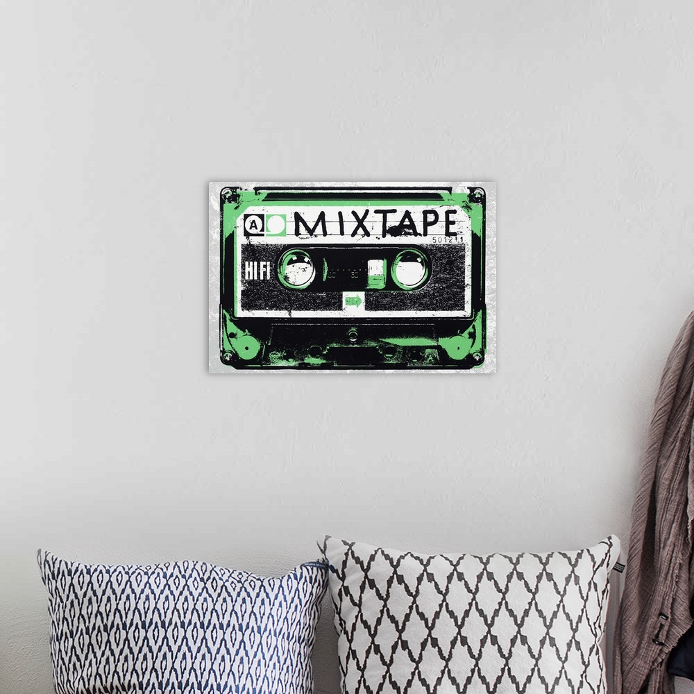 A bohemian room featuring Contemporary pop art style artwork of a mixtape cassette against a green background.