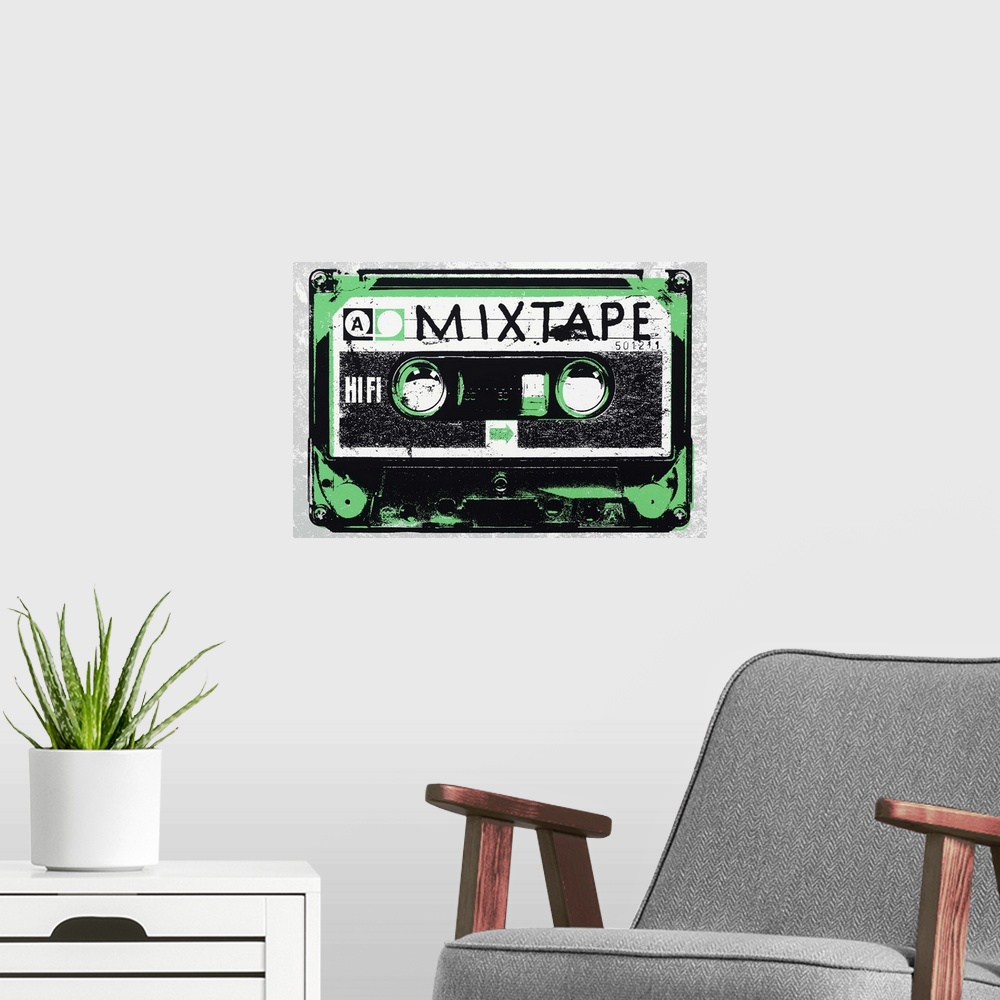A modern room featuring Contemporary pop art style artwork of a mixtape cassette against a green background.