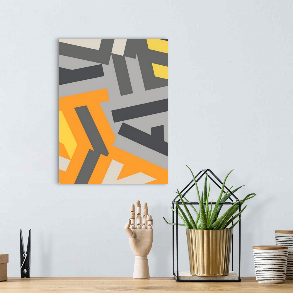 A bohemian room featuring Large abstract painting created with orange, yellow, and grey geometric shapes fitting together l...