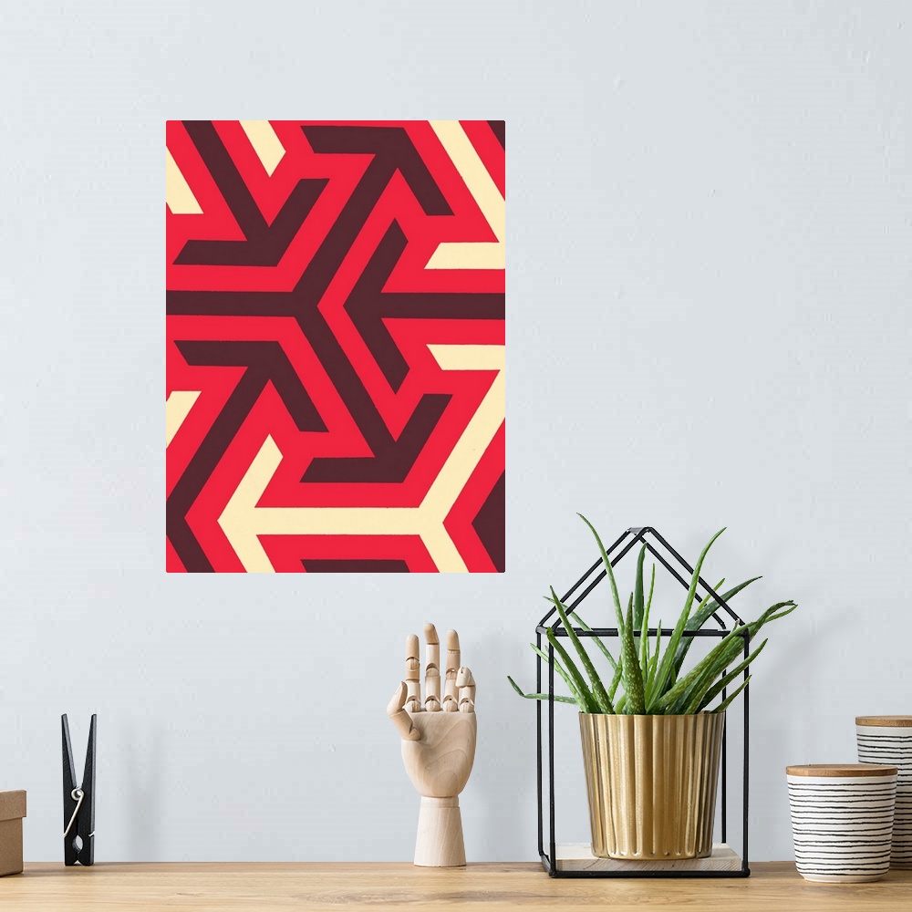 A bohemian room featuring Geometric abstract artwork in shades of red white.