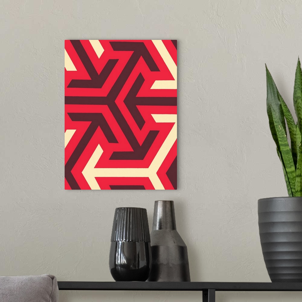 A modern room featuring Geometric abstract artwork in shades of red white.