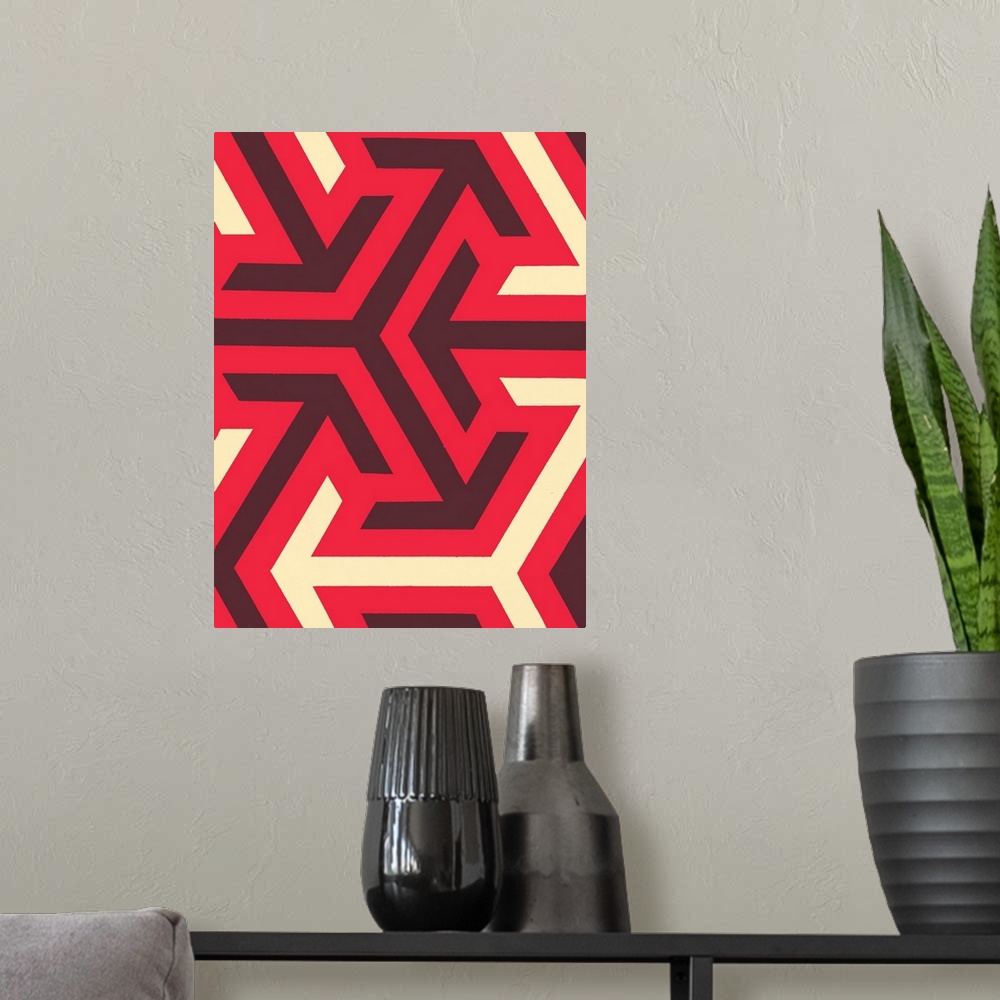 A modern room featuring Geometric abstract artwork in shades of red white.