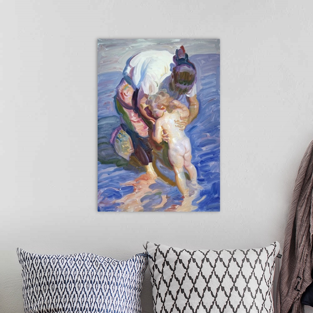 A bohemian room featuring Painting of a mother holding her child in the ocean water.