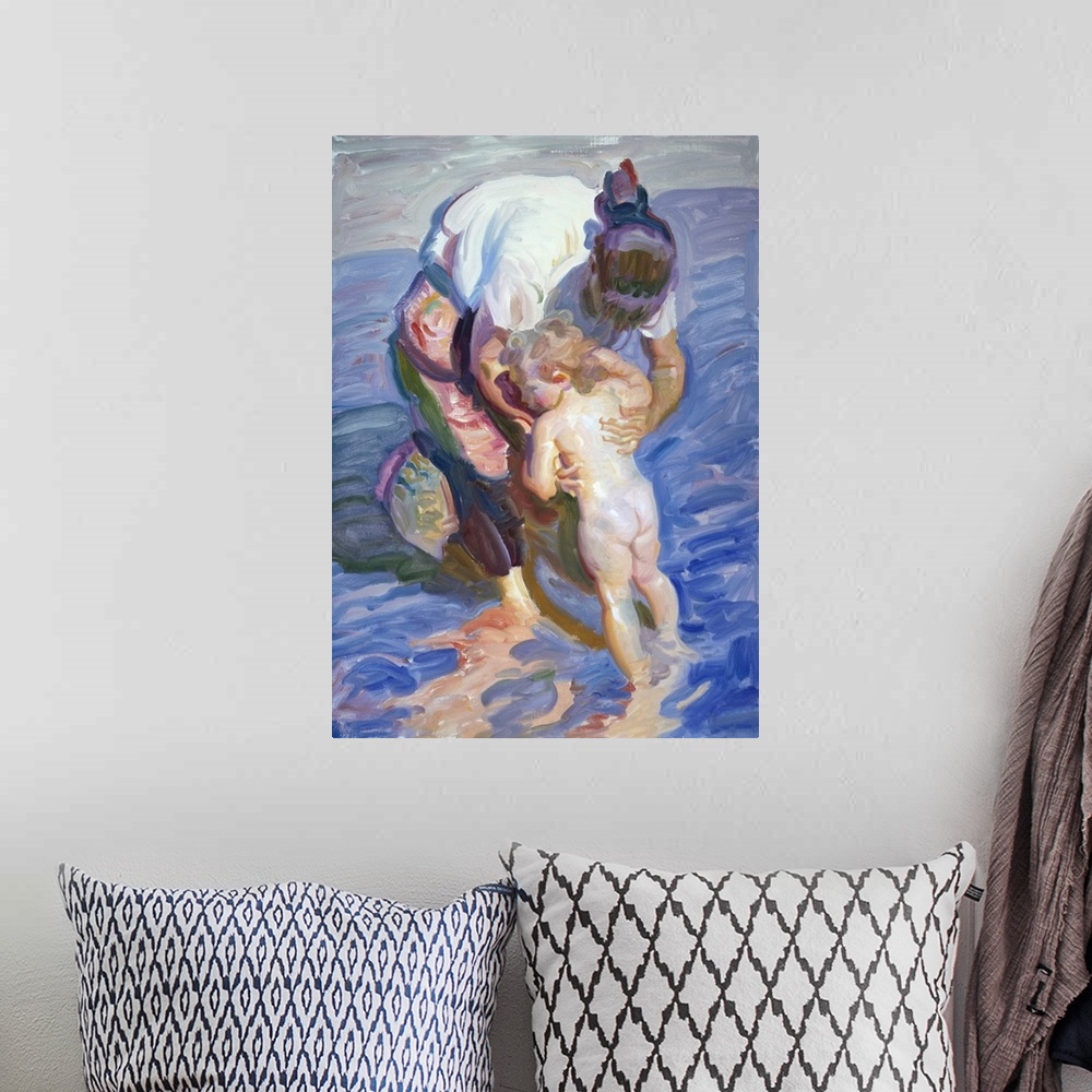 A bohemian room featuring Painting of a mother holding her child in the ocean water.