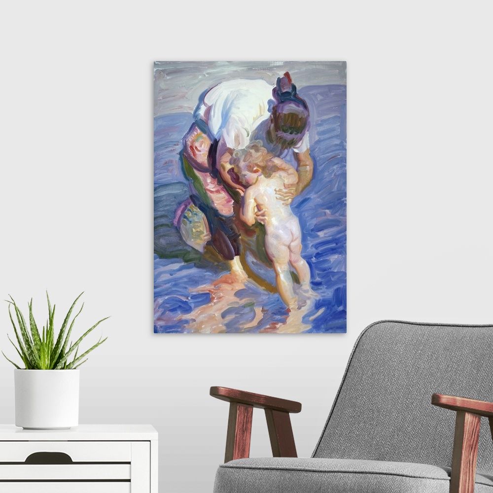 A modern room featuring Painting of a mother holding her child in the ocean water.