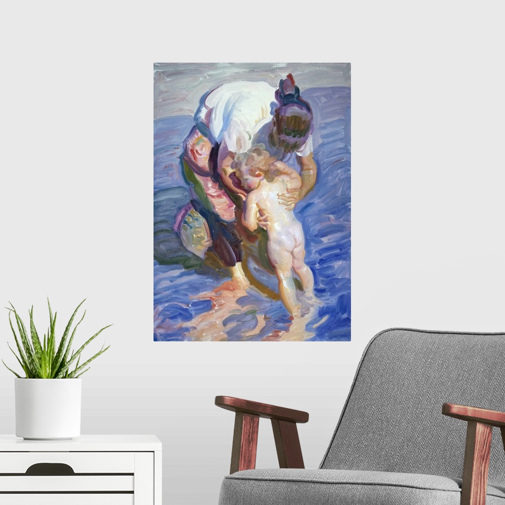 A modern room featuring Painting of a mother holding her child in the ocean water.