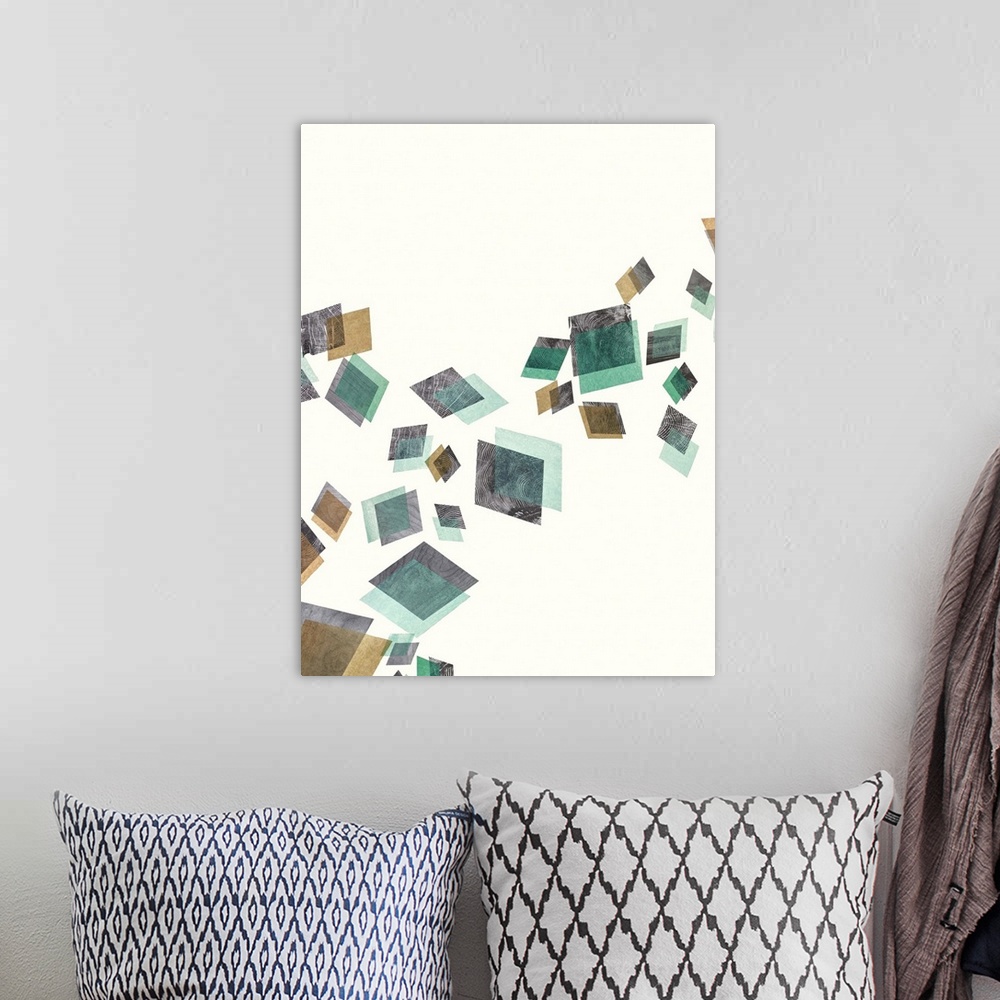 A bohemian room featuring Contemporary abstract painting of diamond shapes in multiple exposures and muted colors tumbling ...