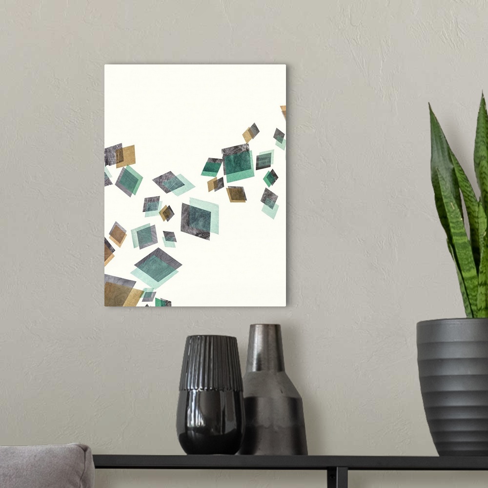 A modern room featuring Contemporary abstract painting of diamond shapes in multiple exposures and muted colors tumbling ...
