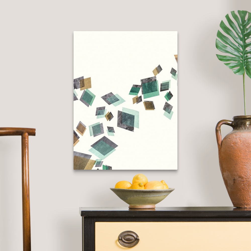 A traditional room featuring Contemporary abstract painting of diamond shapes in multiple exposures and muted colors tumbling ...