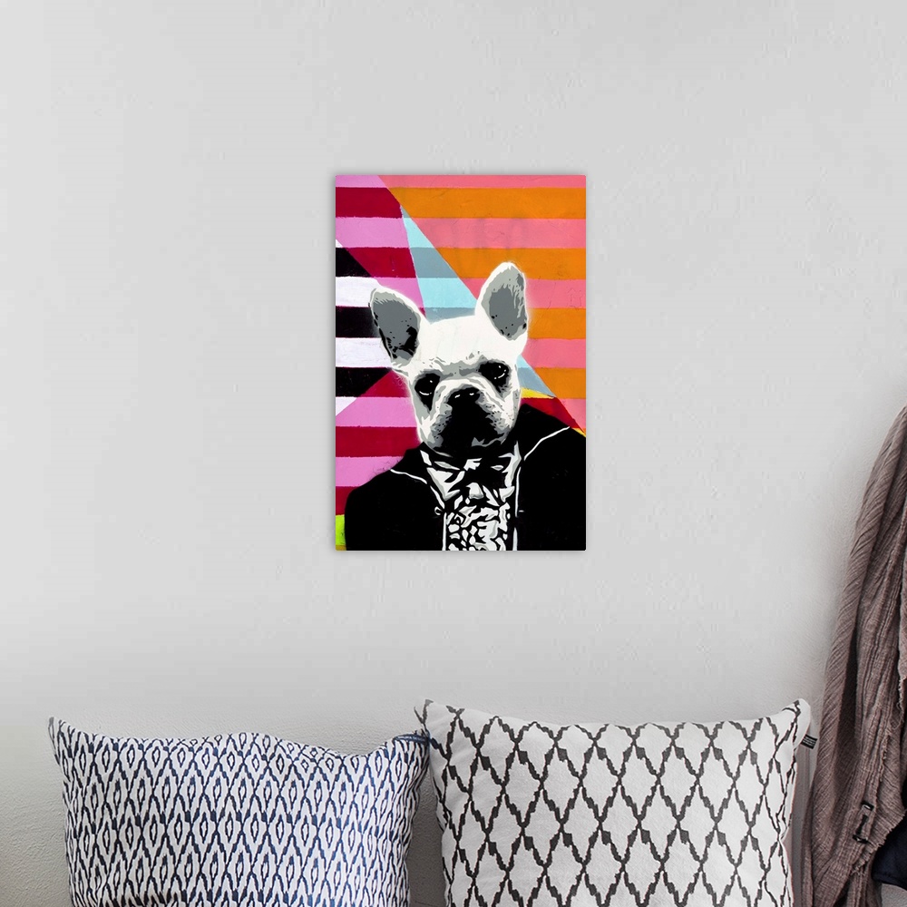 A bohemian room featuring Contemporary artwork of a french bulldog head on a human body wearing a tuxedo against a geometri...