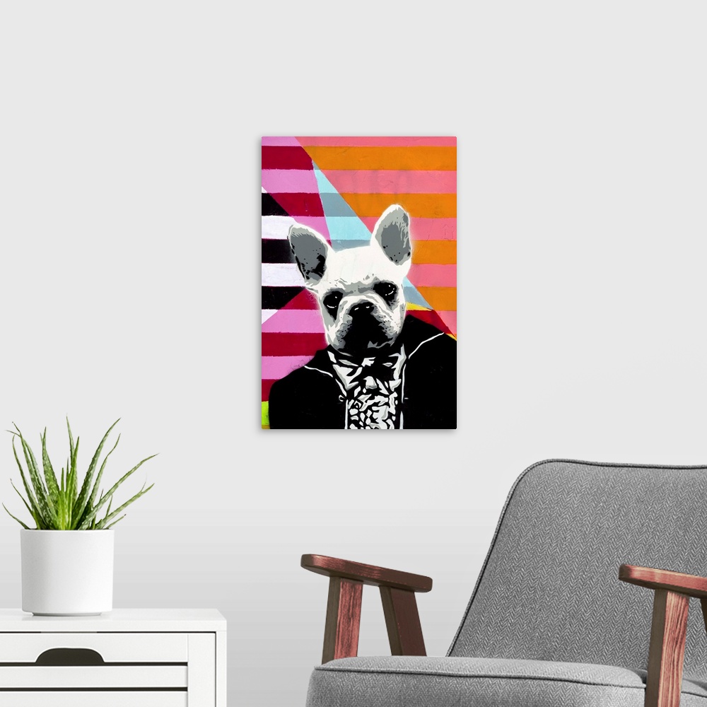 A modern room featuring Contemporary artwork of a french bulldog head on a human body wearing a tuxedo against a geometri...