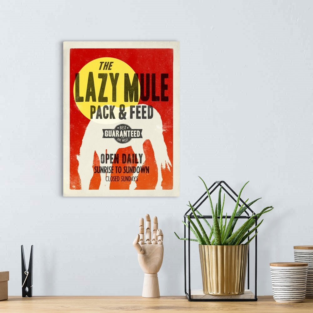 A bohemian room featuring Retro mid-century stylized poster artwork for animal feed.