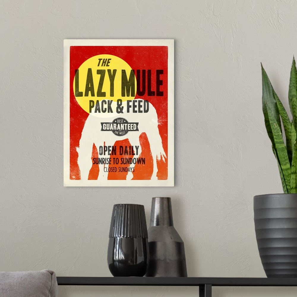 A modern room featuring Retro mid-century stylized poster artwork for animal feed.