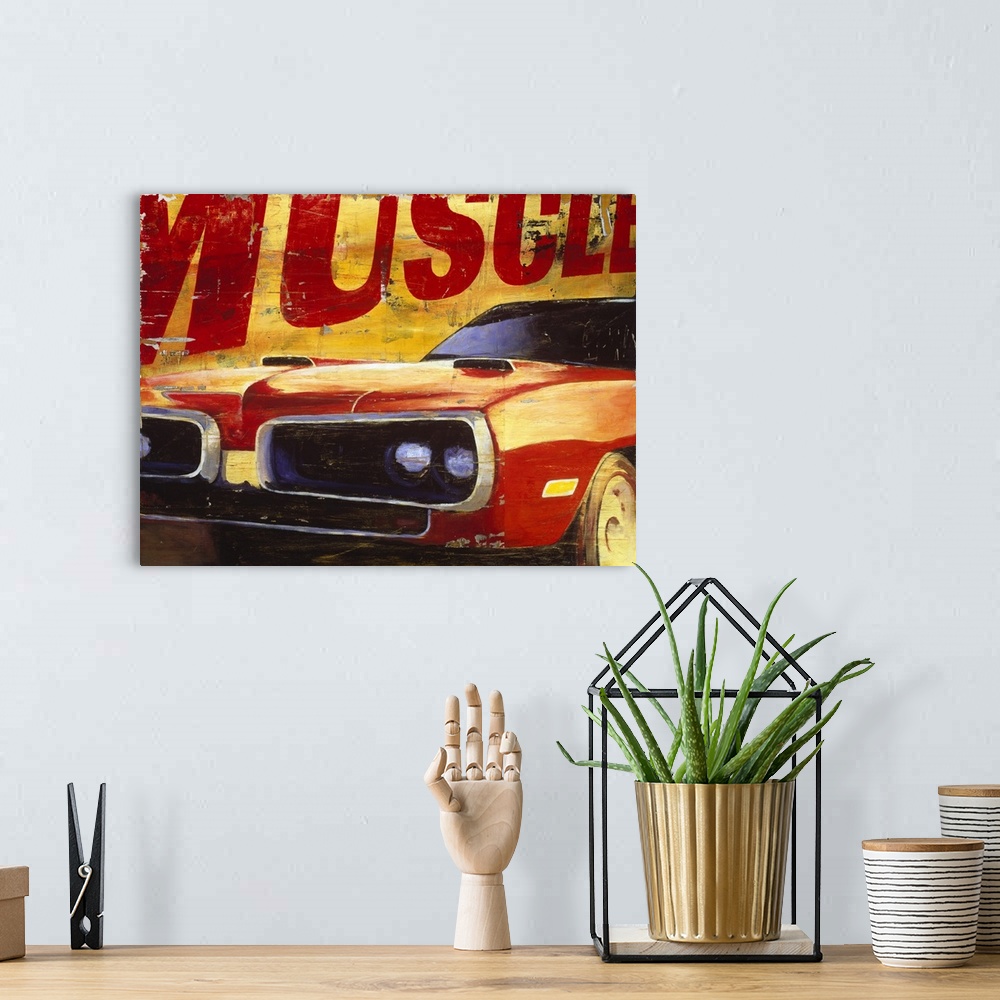 A bohemian room featuring Retro-style painting of a vintage muscle car, with a focus on the headlights, and the text "Muscl...