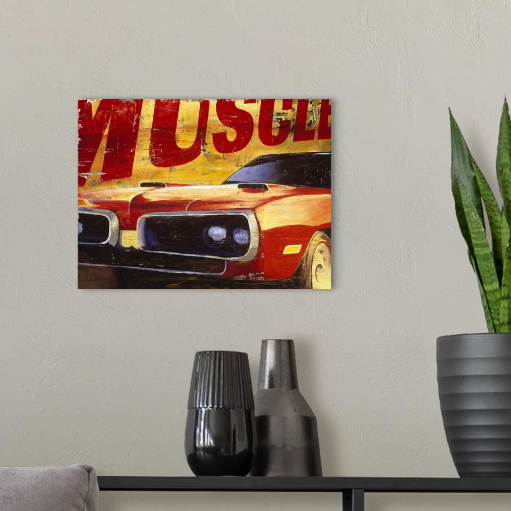 A modern room featuring Retro-style painting of a vintage muscle car, with a focus on the headlights, and the text "Muscl...