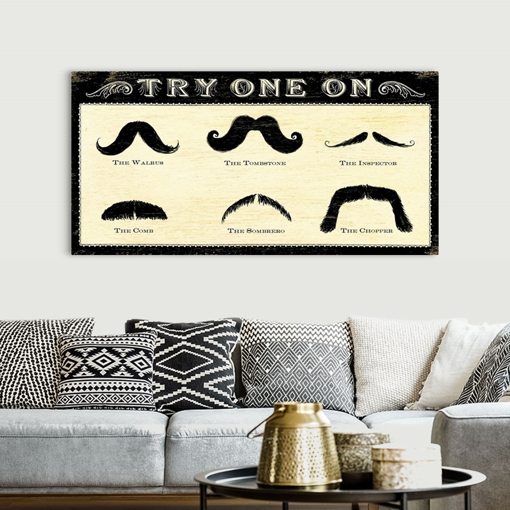 A bohemian room featuring Retro wall art of an identification guide to six types of mustaches with examples.