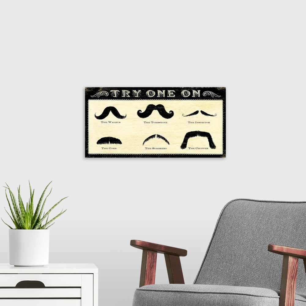 A modern room featuring Retro wall art of an identification guide to six types of mustaches with examples.