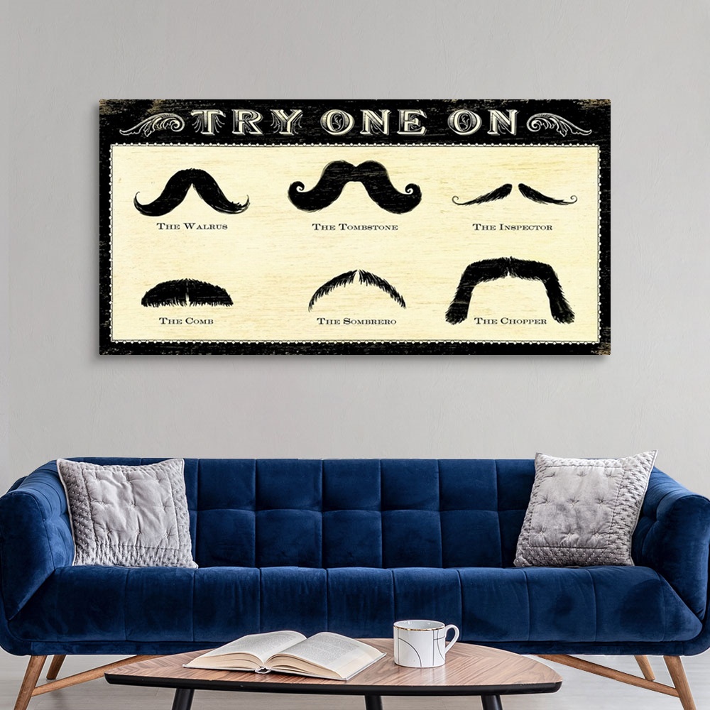 A modern room featuring Retro wall art of an identification guide to six types of mustaches with examples.