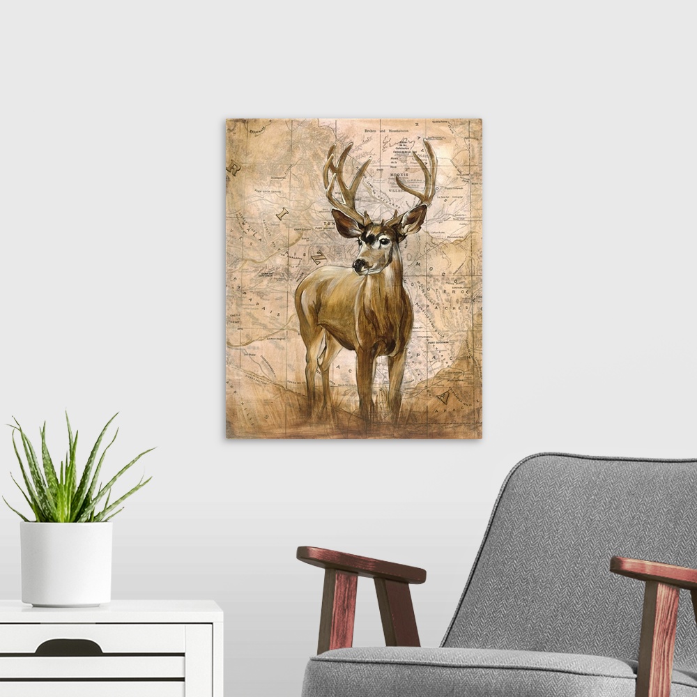 A modern room featuring Art piece of a big buck standing in front of a vintage looking map of Arizona.