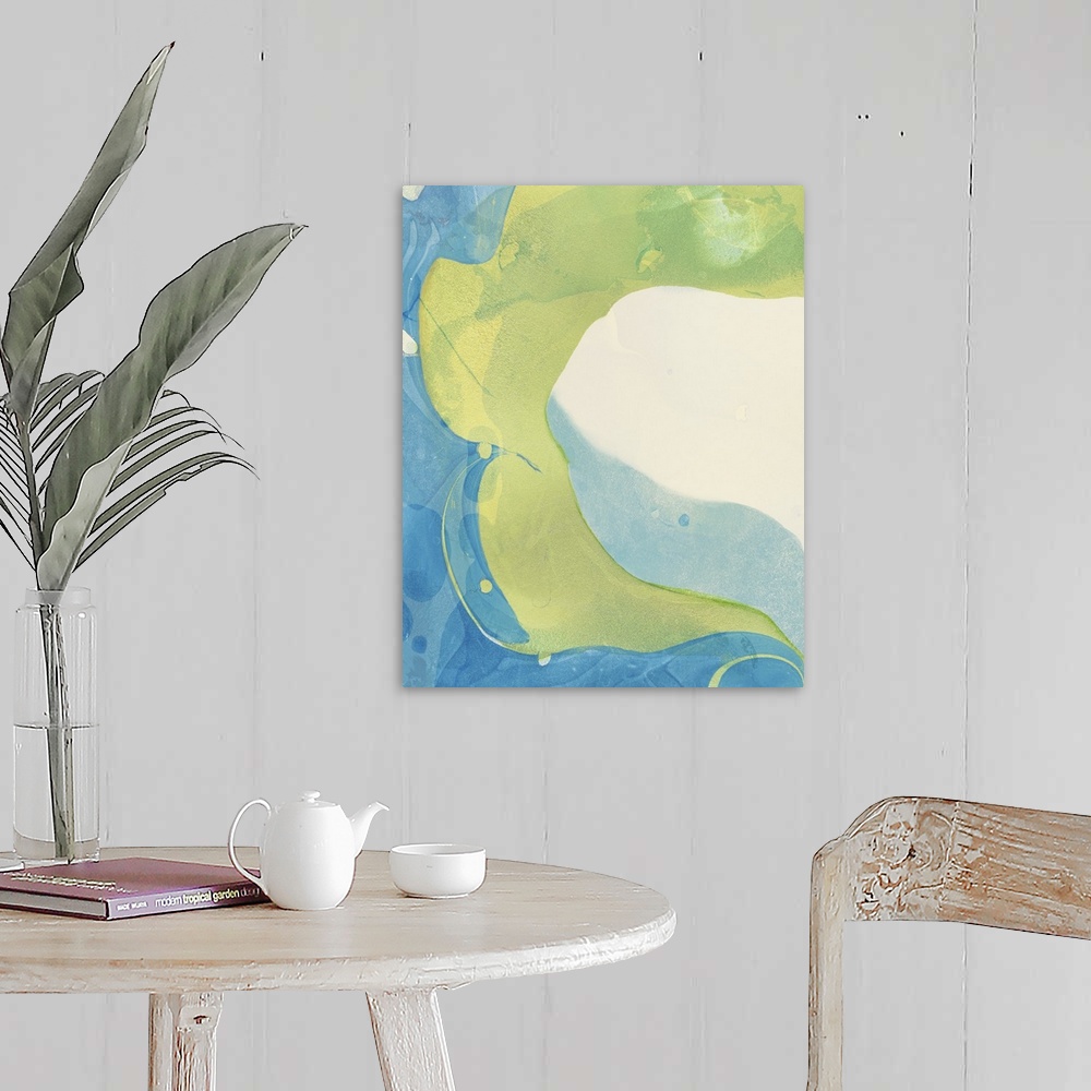 A farmhouse room featuring A contemporary abstract painting using pale blue and green in a swirling of paint.