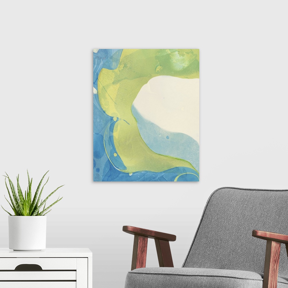 A modern room featuring A contemporary abstract painting using pale blue and green in a swirling of paint.