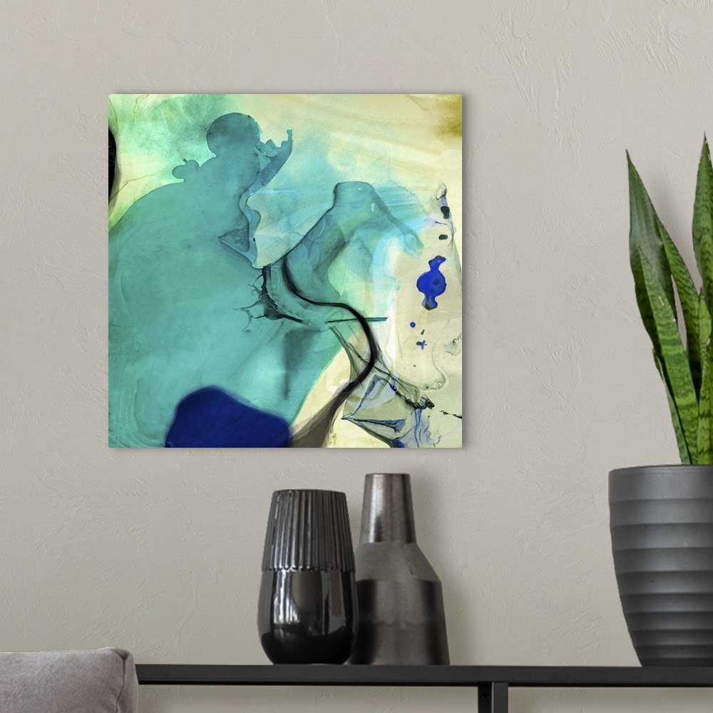 A modern room featuring Watercolor abstract painting in flowing teal shades.
