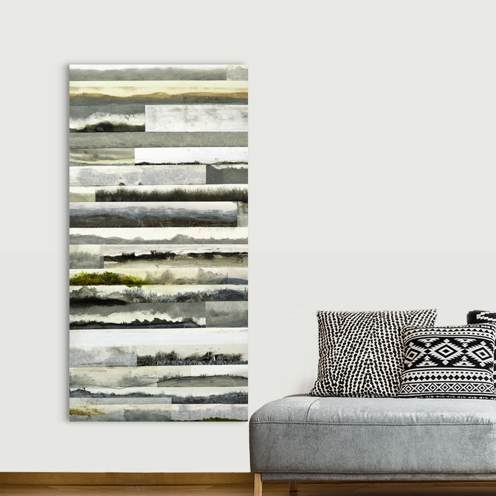 A bohemian room featuring Contemporary abstract painting of horizontal lines in earthy tones stacked on top of each other.