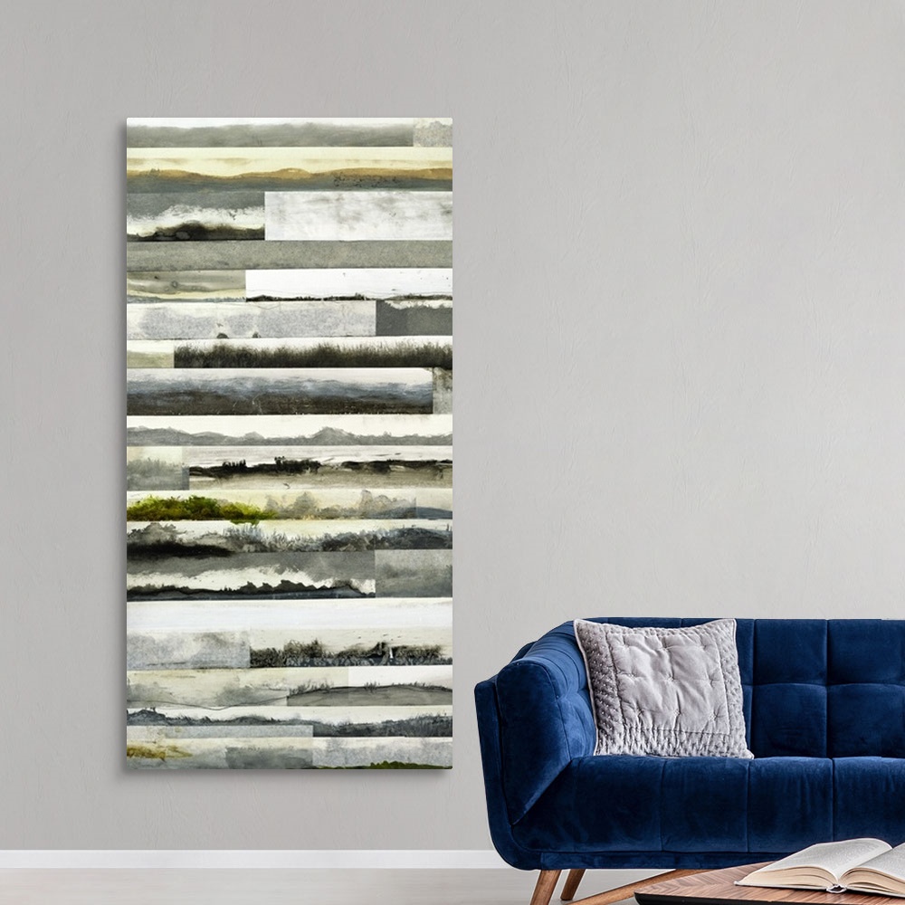 A modern room featuring Contemporary abstract painting of horizontal lines in earthy tones stacked on top of each other.
