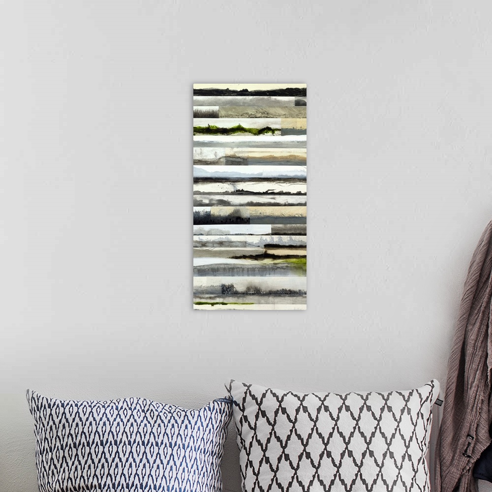 A bohemian room featuring Contemporary abstract painting of horizontal bars in earthy tones.