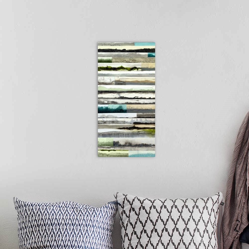 A bohemian room featuring Contemporary abstract painting using dark watercolors in horizontal bars.