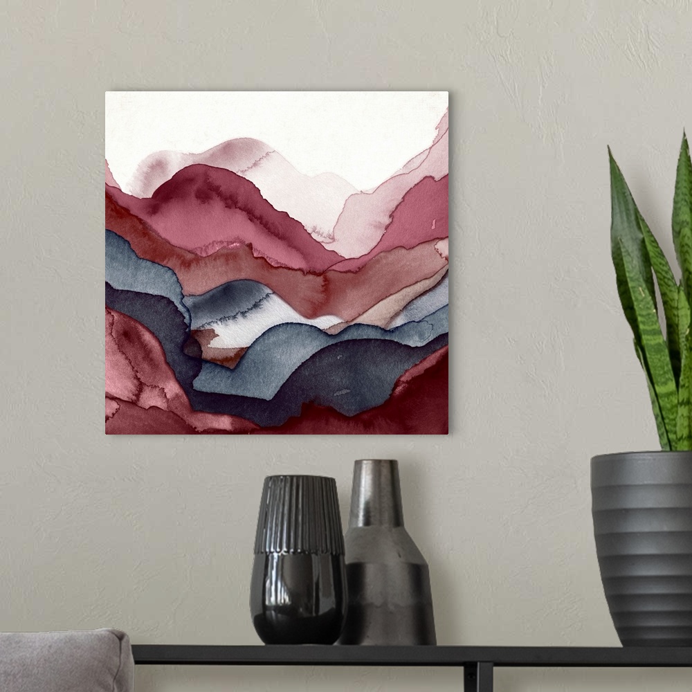 A modern room featuring A contemporary abstract painting using watercolors to create a layered landscape.