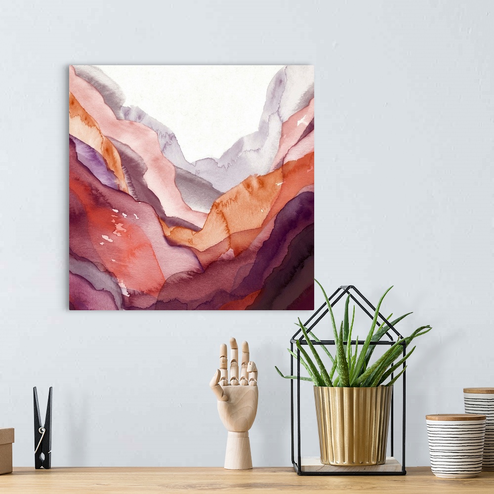 A bohemian room featuring Contemporary abstract watercolor painting of different layers overlapping resembling a landscape.