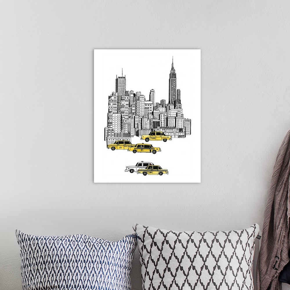 A bohemian room featuring Black and white watercolor painting of the New York City skyline with colorful taxis in the foreg...