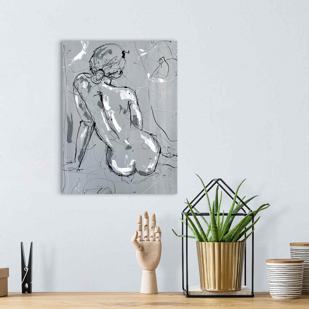 A bohemian room featuring Contemporary abstract painting of the backside of a nude woman created with black scribbled lines...