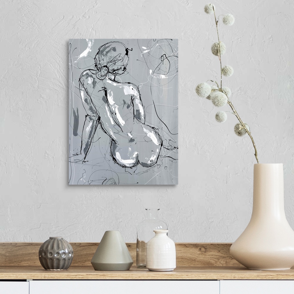 A farmhouse room featuring Contemporary abstract painting of the backside of a nude woman created with black scribbled lines...