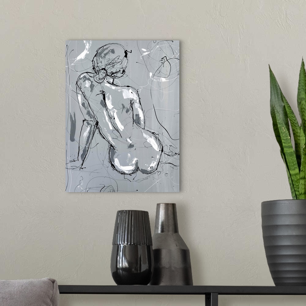 A modern room featuring Contemporary abstract painting of the backside of a nude woman created with black scribbled lines...