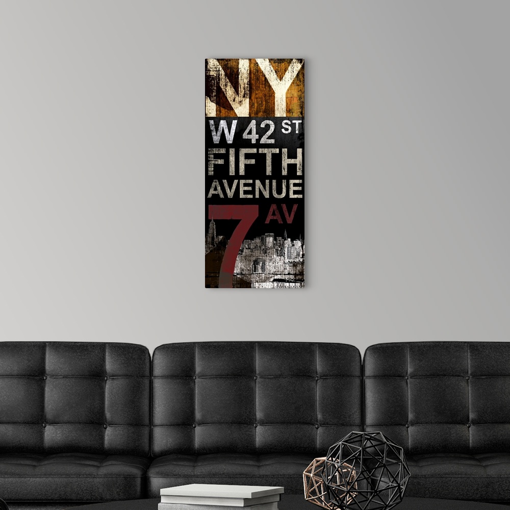 A modern room featuring Large vertical wall picture of text staked vertically, listing several main streets in New York C...