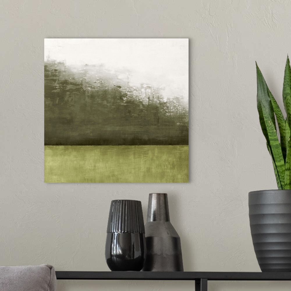 A modern room featuring Square abstract painting of a landscape in shades of green.
