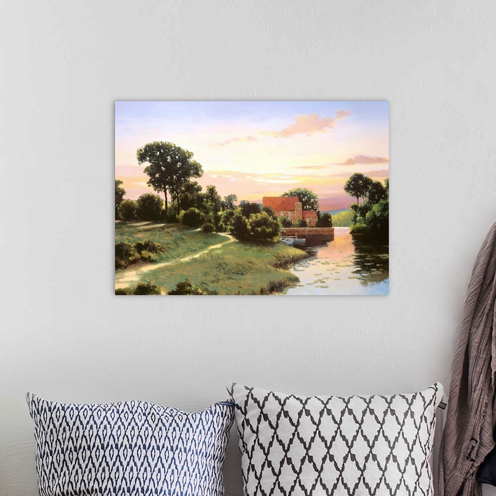 A bohemian room featuring A contemporary painting of a countryside landscape with a house in the distance.