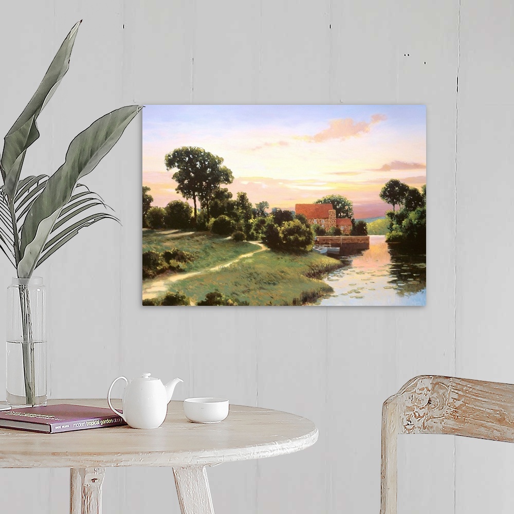 A farmhouse room featuring A contemporary painting of a countryside landscape with a house in the distance.
