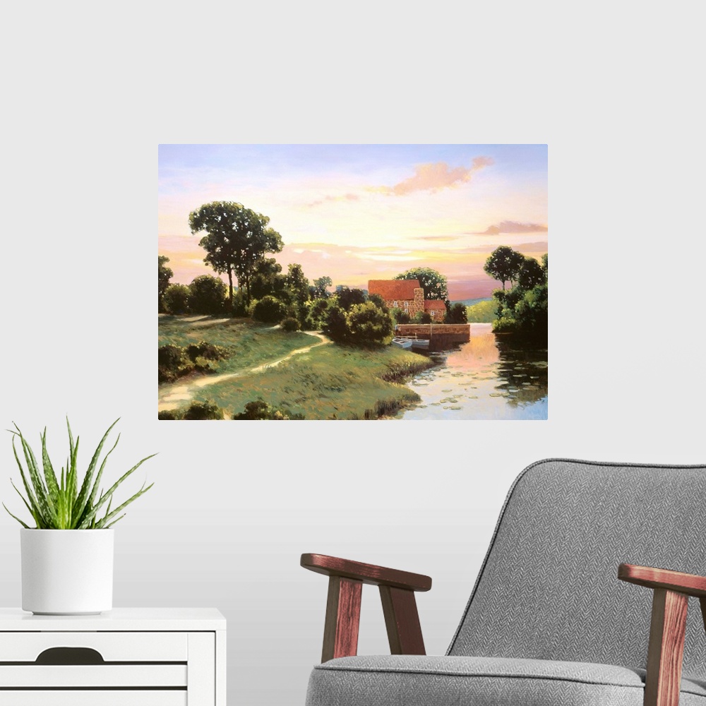 A modern room featuring A contemporary painting of a countryside landscape with a house in the distance.