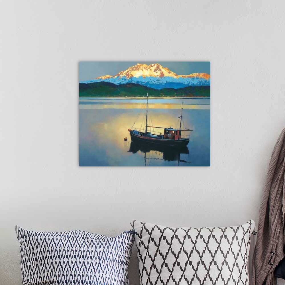 A bohemian room featuring Contemporary painting of a fishing boat on a calm lake with a large mountain in the distance.