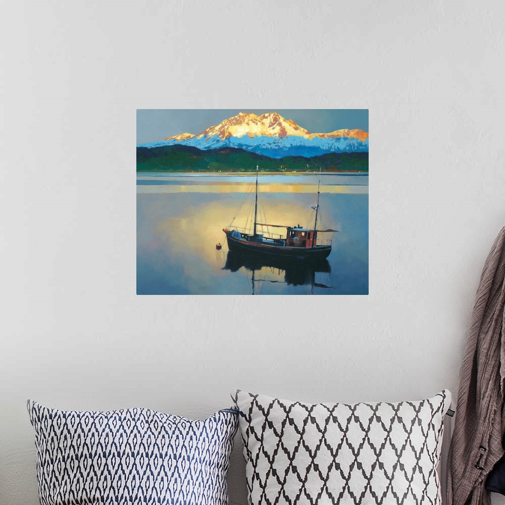 A bohemian room featuring Contemporary painting of a fishing boat on a calm lake with a large mountain in the distance.