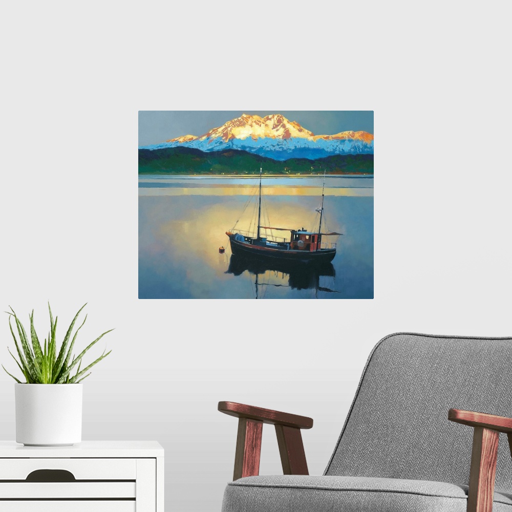 A modern room featuring Contemporary painting of a fishing boat on a calm lake with a large mountain in the distance.