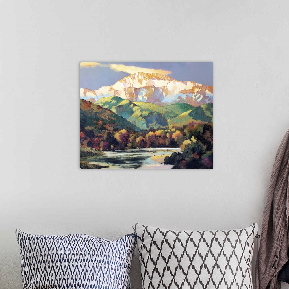 A bohemian room featuring Contemporary painting of a snowy mountain range in Olympic National Park, Washington.