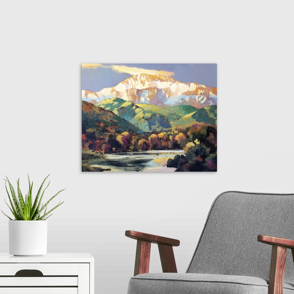 A modern room featuring Contemporary painting of a snowy mountain range in Olympic National Park, Washington.
