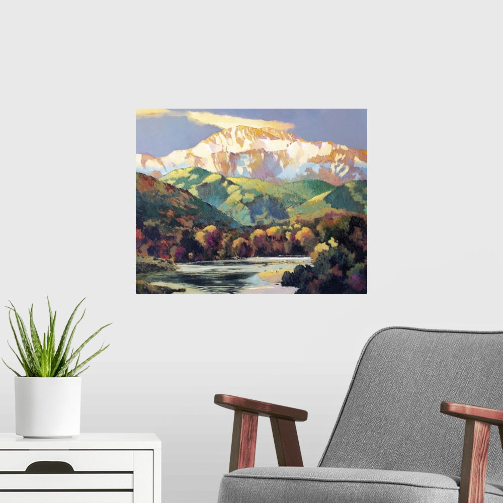 A modern room featuring Contemporary painting of a snowy mountain range in Olympic National Park, Washington.